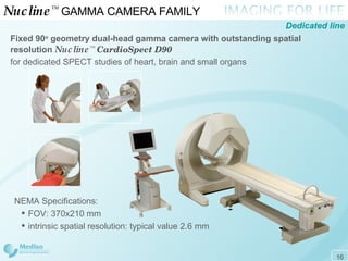 Nucline ™   GAMMA CAMERA FAMILY  Fixed  90 o   geometry dual-head  gamma  c amera  with outstanding spatial resolution   Nucline ™   CardioSpect D90 f or   dedicated  SPECT  studies  of  heart, brain and small organs Dedicated line NEMA  Specifications : FOV: 370x210 mm i ntrinsic  s patial  r esolution : typical value 2.6 mm 