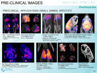 PRE-CLINICAL IMAGES PRECLINICAL  APPLICATIONS (SMALL ANIMAL SPECT/CT) Rat,  111 In-Octreotide (0.9mCi) 3h p.i., 35mins scan ( Courtesy  of  M. De Jong ,  E rasmus  MC,   Rotterdam ) Scid mouse, Liver scan 99m Tc-Colloid (1mCi), 1h p.i., 10mins scan Mouse, Funcional liver scan 125 I-GSA (150 μ Ci),  20mins p.i. 30mins scan ( Courtesy of Dr. H.  Fujii and Dr. Y. Kojima,  National Cancer Center East, Japan ) Nude mouse, Benzodiazepin-receptor imaging 125 I-Iomazenil (300μCi), 35mins scan ( Courtesy of Dr. H.  Fujii and Dr. Y. Kojima,  N CC  East, Japan  ) Rat, Brain perfusion imaging 99m Tc-HMPAO (1.5mCi), 1h p.i., 45mins scan (C ourtesy of J. Norenberg, University of New Mexico , USA) Rat lung ,   Perfusion imaging 99m Tc-MAA  ( 1mCi ),  30min p .i.,  15mins  scan ( Courtesy  of  M. De Jong ,  E rasmus  MC,  Rotterdam ) Mouse Dual isotope study 99m Tc-MIBI (1mCi) 123 I (100 μ Ci) (Courtesy of University of New Mexico, USA) Mouse head CT,  Volume rendering 45kV, 177 μ A, 3mins scan Preclinical line 