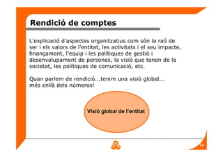 21
Rendició de comptes
L’explicació d’aspectes organitzatius com són la raó de
ser i els valors de l’entitat, les activitats i el seu impacte,
finançament, l’equip i les polítiques de gestió i
desenvolupament de persones, la visió que tenen de la
societat, les polítiques de comunicació, etc.
Quan parlem de rendició...tenim una visió global...
més enllà dels números!
Visió global de l’entitat
 