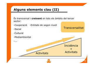25
Alguns elements clau (II)
És transversal i creixent en tots els àmbits del tercer
sector:
-Cooperació -Entitats de segon nivell
-Social
-Cultural
-Mediambiental
-...
Activitats
Incidència
+
Activitats
Transversalitat
 