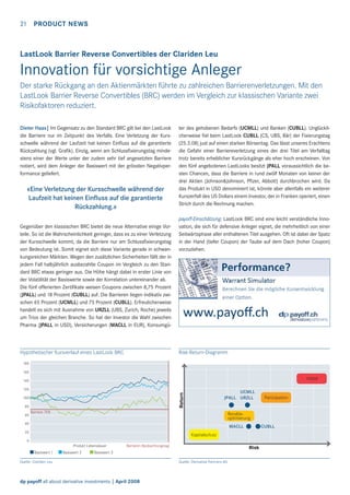 21

PRODUCT NEWS

LastLook Barrier Reverse Convertibles der Clariden Leu

Innovation für vorsichtige Anleger
Der starke Rückgang an den Aktienmärkten führte zu zahlreichen Barrierenverletzungen. Mit den
LastLook Barrier Reverse Convertibles (BRC) werden im Vergleich zur klassischen Variante zwei
Risikofaktoren reduziert.
Dieter Haas| Im Gegensatz zu den Standard BRC gilt bei den LastLook
die Barriere nur im Zeitpunkt des Verfalls. Eine Verletzung der Kursschwelle während der Laufzeit hat keinen Einﬂuss auf die garantierte
Rückzahlung (vgl. Graﬁk). Einzig, wenn am Schlussﬁxierungstag mindestens einer der Werte unter der zudem sehr tief angesetzten Barriere
notiert, wird dem Anleger der Basiswert mit der grössten Negativperformance geliefert.

«Eine Verletzung der Kursschwelle während der
Laufzeit hat keinen Einﬂuss auf die garantierte
Rückzahlung.»
Gegenüber den klassischen BRC bietet die neue Alternative einige Vorteile. So ist die Wahrscheinlichkeit geringer, dass es zu einer Verletzung
der Kursschwelle kommt, da die Barriere nur am Schlussﬁxierungstag
von Bedeutung ist. Somit eignet sich diese Variante gerade in schwankungsreichen Märkten. Wegen den zusätzlichen Sicherheiten fällt der in
jedem Fall halbjährlich ausbezahlte Coupon im Vergleich zu den Standard BRC etwas geringer aus. Die Höhe hängt dabei in erster Linie von
der Volatilität der Basiswerte sowie der Korrelation untereinander ab.
Die fünf offerierten Zertiﬁkate weisen Coupons zwischen 8,75 Prozent
(JPALL) und 18 Prozent (CUBLL) auf. Die Barrieren liegen indikativ zwischen 65 Prozent (UCMLL) und 75 Prozent (CUBLL). Erfreulicherweise
handelt es sich mit Ausnahme von URZLL (UBS, Zurich, Roche) jeweils
um Trios der gleichen Branche. So hat der Investor die Wahl zwischen
Pharma (JPALL in USD), Versicherungen (MACLL in EUR), Konsumgü-

Hypothetischer Kursverlauf eines LastLook BRC

ter des gehobenen Bedarfs (UCMLL) und Banken (CUBLL). Unglücklicherweise ﬁel beim LastLook CUBLL (CS, UBS, Bär) der Fixierungstag
(25.3.08) just auf einen starken Börsentag. Das lässt unseres Erachtens
die Gefahr einer Barriereverletzung eines der drei Titel am Verfalltag
trotz bereits erheblicher Kursrückgänge als eher hoch erscheinen. Von
den fünf angebotenen LastLooks besitzt JPALL voraussichtlich die besten Chancen, dass die Barriere in rund zwölf Monaten von keiner der
drei Aktien (Johnson&Johnson, Pﬁzer, Abbott) durchbrochen wird. Da
das Produkt in USD denominiert ist, könnte aber allenfalls ein weiterer
Kurszerfall des US Dollars einem Investor, der in Franken operiert, einen
Strich durch die Rechnung machen.
payoff-Einschätzung: LastLook BRC sind eine leicht verständliche Innovation, die sich für defensive Anleger eignet, die mehrheitlich von einer
Seitwärtsphase aller enthaltenen Titel ausgehen. Oft ist dabei der Spatz
in der Hand (tiefer Coupon) der Taube auf dem Dach (hoher Coupon)
vorzuziehen.

Risk-Return-Diagramm

180
160

Hebel

140
120

80
60

UCMLL
JPALL URZLL

Return

100

Barriere 75%

Renditeoptimierung

40

MACLL

20

CUBLL

Kapitalschutz

0
Produkt Lebensdauer

Basiswert 1

Partizipation

Basiswert 2

Barrieren Beobachtungstag

Risk

Basiswert 3

Quelle: Clariden Leu

dp payoff all about derivative investments | April 2008

Quelle: Derivative Partners AG

 