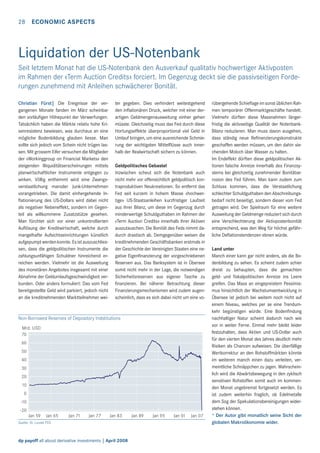 28 ECONOMIC ASPECTS

Liquidation der US-Notenbank
Seit letztem Monat hat die US-Notenbank den Ausverkauf qualitativ hochwertiger Aktivposten
im Rahmen der «Term Auction Credits» forciert. Im Gegenzug deckt sie die passivseitigen Forderungen zunehmend mit Anleihen schwächerer Bonität.
Christian Fürst| Die Ereignisse der vergangenen Monate fanden im März scheinbar
den vorläuﬁgen Höhepunkt der Verwerfungen.
Tatsächlich haben die Märkte relativ hohe Krisenresistenz bewiesen, was durchaus an eine
mögliche Bodenbildung glauben liesse. Man
sollte sich jedoch vom Schein nicht trügen lassen. Mit grossem Eifer versuchen die Mitglieder
der «Workinggroup on Financial Markets» den
steigenden Illiquiditätserscheinungen mittels
planwirtschaftlicher Instrumente entgegen zu
wirken. Völlig enthemmt wird eine Zwangsverstaatlichung maroder Junk-Unternehmen
vorangetrieben. Die damit einhergehende Inﬂationierung des US-Dollars wird dabei nicht
als negativer Nebeneffekt, sondern im Gegenteil als willkommene Zusatzstütze gesehen.
Man fürchtet sich vor einer unkontrollierten
Auﬂösung der Kreditwirtschaft, welche durch
mangelhafte Aufsichtseinrichtungen künstlich
aufgepumpt werden konnte. Es ist auszuschliessen, dass die geldpolitischen Instrumente die
zahlungsunfähigen Schuldner hinreichend erreichen werden. Vielmehr ist die Ausweitung
des monetären Angebotes insgesamt mit einer
Abnahme der Geldumlaufsgeschwindigkeit verbunden. Oder anders formuliert: Das vom Fed
bereitgestellte Geld wird parkiert, jedoch nicht
an die kreditnehmenden Marktteilnehmer wei-

ter gegeben. Dies verhindert weitestgehend
den inﬂationären Druck, welcher mit einer derartigen Geldmengenausweitung einher gehen
müsste. Gleichzeitig muss das Fed durch diese
Hortungseffekte überproportional viel Geld in
Umlauf bringen, um eine ausreichende Schmierung der wichtigsten Mittelﬂüsse auch innerhalb der Realwirtschaft sichern zu können.
Geldpolitisches Gebastel
Inzwischen scheut sich die Notenbank auch
nicht mehr vor offensichtlich geldpolitisch kontraproduktiven Neukreationen. So entfernt das
Fed seit kurzem in hohem Masse «hochwertige» US-Staatsanleihen kurzfristiger Laufzeit
aus ihrer Bilanz, um diese im Gegenzug durch
minderwertige Schuldguthaben im Rahmen der
«Term Auction Credits» innerhalb ihrer Aktiven
auszutauschen. Die Bonität des Feds nimmt dadurch drastisch ab. Demgegenüber weisen die
kreditnehmenden Geschäftsbanken erstmals in
der Geschichte der Vereinigten Staaten eine negative Eigenﬁnanzierung der vorgeschriebenen
Reserven aus. Das Banksystem ist in Übersee
somit nicht mehr in der Lage, die notwendigen
Sicherheitsreserven aus eigener Tasche zu
ﬁnanzieren. Bei näherer Betrachtung dieser
Finanzierungsmechanismen wird zudem augenscheinlich, dass es sich dabei nicht um eine vo-

Non-Borrowed Reserves of Depository Indstitutions
Mrd. USD
70
60
50
40
30
20
10
0
-10
-20
Jan 59

Jan 65

Jan 71

Jan 77

Jan 83

Quelle: St. Louise FED

dp payoff all about derivative investments | April 2008

Jan 89

Jan 95

Jan 01

Jan 07

rübergehende Schieﬂage im sonst üblichen Rahmen temporärer Offenmarktgeschäfte handelt.
Vielmehr dürften diese Massnahmen längerfristig die aktivseitige Qualität der NotenbankBilanz reduzieren. Man muss davon ausgehen,
dass ständig neue Reﬁnanzierungskonstrukte
geschaffen werden müssen, um den dahin siechenden Moloch über Wasser zu halten.
Im Endeffekt dürften diese geldpolitischen Aktionen falsche Anreize innerhalb des Finanzsystems bei gleichzeitig zunehmender Bonitätserosion des Fed führen. Man kann zudem zum
Schluss kommen, dass die Verstaatlichung
schlechter Schuldguthaben den Abschreibungsbedarf nicht beseitigt, sondern dieser vom Fed
getragen wird. Der Spielraum für eine weitere
Ausweitung der Geldmenge reduziert sich durch
eine Verschlechterung der Aktivpostenbonität
entsprechend, was den Weg für höchst gefährliche Deﬂationstendenzen ebnen würde.
Land unter
Manch einer kann gar nicht anders, als die Bodenbildung zu sehen. Es scheint zudem schier
dreist zu behaupten, dass die gemachten
geld- und ﬁskalpolitischen Anreize ins Leere
greifen. Das Mass an eingepreistem Pessimismus hinsichtlich der Wachstumsentwicklung in
Übersee ist jedoch bei weitem noch nicht auf
einem Niveau, welches per se eine Trendumkehr begünstigen würde. Eine Bodenﬁndung
nachhaltiger Natur scheint dadurch nach wie
vor in weiter Ferne. Einmal mehr bleibt leider
festzuhalten, dass Aktien und US-Dollar auch
für den vierten Monat des Jahres deutlich mehr
Risiken als Chancen aufweisen. Die überfällige
Wertkorrektur an den Rohstoffmärkten könnte
im weiteren manch einen dazu verleiten, vermeintliche Schnäppchen zu jagen. Wahrscheinlich wird die Abwärtsbewegung in den zyklisch
sensitiven Rohstoffen somit auch im kommenden Monat ungebremst fortgesetzt werden. Es
ist zudem weiterhin fraglich, ob Edelmetalle
dem Sog der Spekulationsbereinigungen widerstehen können.
* Der Autor gibt monatlich seine Sicht der
globalen Makroökonomie wider.

 