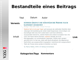 Autor Kommentare Kategorien/Tags Verweis Titel Datum Bestandteile eines Beitrags Link Inhalt 