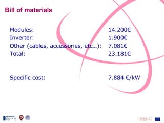 Bill of materials Modules:  14.200€ Inverter:  1.900€ Other (cables, accessories, etc…):  7.081€ Total: 23.181€ Specific cost: 7.884 €/kW 