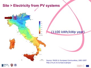 Site > Electricity from PV systems Source: PVGIS © European Communities, 2001-2007 http://re.jrc.ec.europa.eu/pvgis/ (1100 kWh/kWp year) 