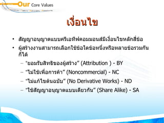 เงื่อนไข สัญญาอนุญาตแบบครีเอทีฟคอมมอนส์มีเงื่อนไขหลักสี่ข้อ  ผู้สร้างงานสามารถเลือกใช้ข้อใดข้อหนึ่งหรือหลายข้อรวมกันก็ได้  “ ยอมรับสิทธิของผู้สร้าง”  (Attribution ) - BY “ ไม่ใช้เพื่อการค้า”  (Noncommercial) - NC “ ไม่แก้ไขต้นฉบับ”  (No Derivative Works) - ND “ ใช้สัญญาอนุญาตแบบเดียวกัน”  (Share Alike) - SA 