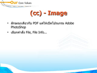 (cc) - Image ลักษณะเดียวกับ  PDF  แต่ให้เปิดโปรแกรม  Adobe PhotoShop เลือกคำสั่ง  File, File Info... 