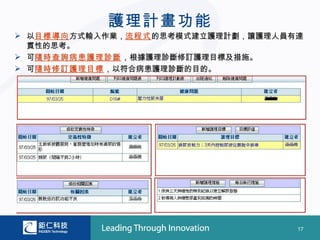 護理計畫功能
 以目標導向方式輸入作業，流程式的思考模式建立護理計劃，讓護理人員有連
  貫性的思考。
 可隨時查詢病患護理診斷，根據護理診斷修訂護理目標及措施。
 可隨時修訂護理目標，以符合病患護理診斷的目的。




                                   17
 