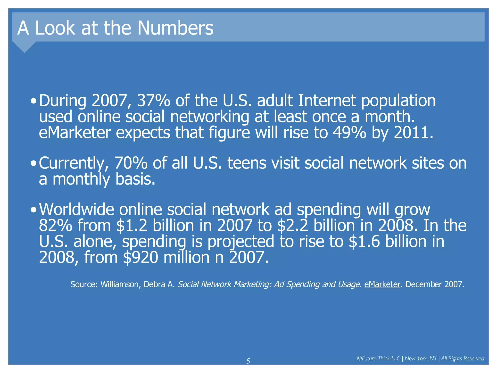 A Look at the Numbers During 2007, 37% of the U.S. adult Internet population used online social networking at least once a month.  eMarketer expects that figure will rise to 49% by 2011.  Currently, 70% of all U.S. teens visit social network sites on a monthly basis.  Worldwide online social network ad spending will grow 82% from $1.2 billion in 2007 to $2.2 billion in 2008. In the U.S. alone, spending is projected to rise to $1.6 billion in 2008, from $920 million n 2007.  Source: Williamson, Debra A.  Social Network Marketing: Ad Spending and Usage .  eMarketer . December 2007.  