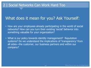2 | Social Networks Can Work Hard Too What does it mean for you? Ask Yourself: How are your employees already participating in the world of social networks? How can you turn their existing ‘social’ behavior into something valuable for your organization? What is our policy towards identity management?  Reputation systems? Do we understand the implications of ‘transparency’ from all sides—the customer, our business partners and within our company? 