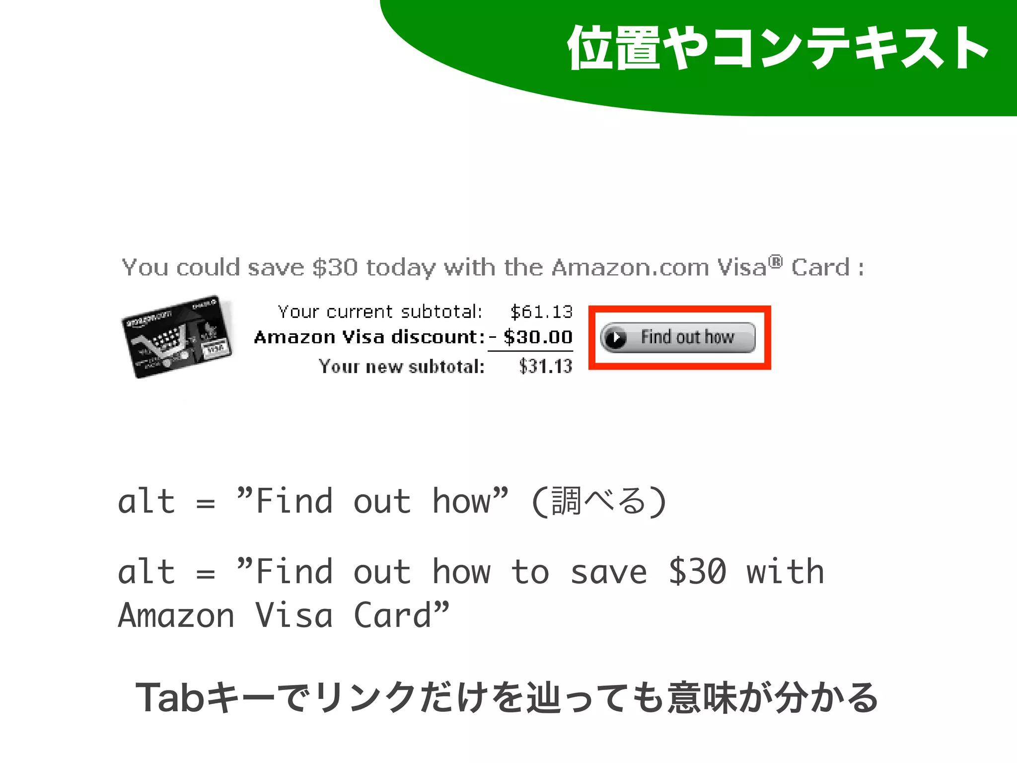 位置やコンテキスト




alt = ”Find out how” (調べる)

alt = ”Find out how to save $30 with
Amazon Visa Card”

Tabキーでリンクだけを辿っても意味が分かる
 