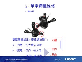 2.  單車調整維修 c.  變速桿 調整螺絲旋出 ( 變速線拉緊 ) : 中變  :  往大盤方向走 後變  :  正向 - 往大走 反向 - 往小走 正向 反向 大盤 
