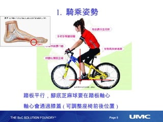 1.  騎乘姿勢 踏板平行，腳底芝麻球要在踏板軸心 軸心會通過膝蓋 ( 可調整座椅前後位置 ) 