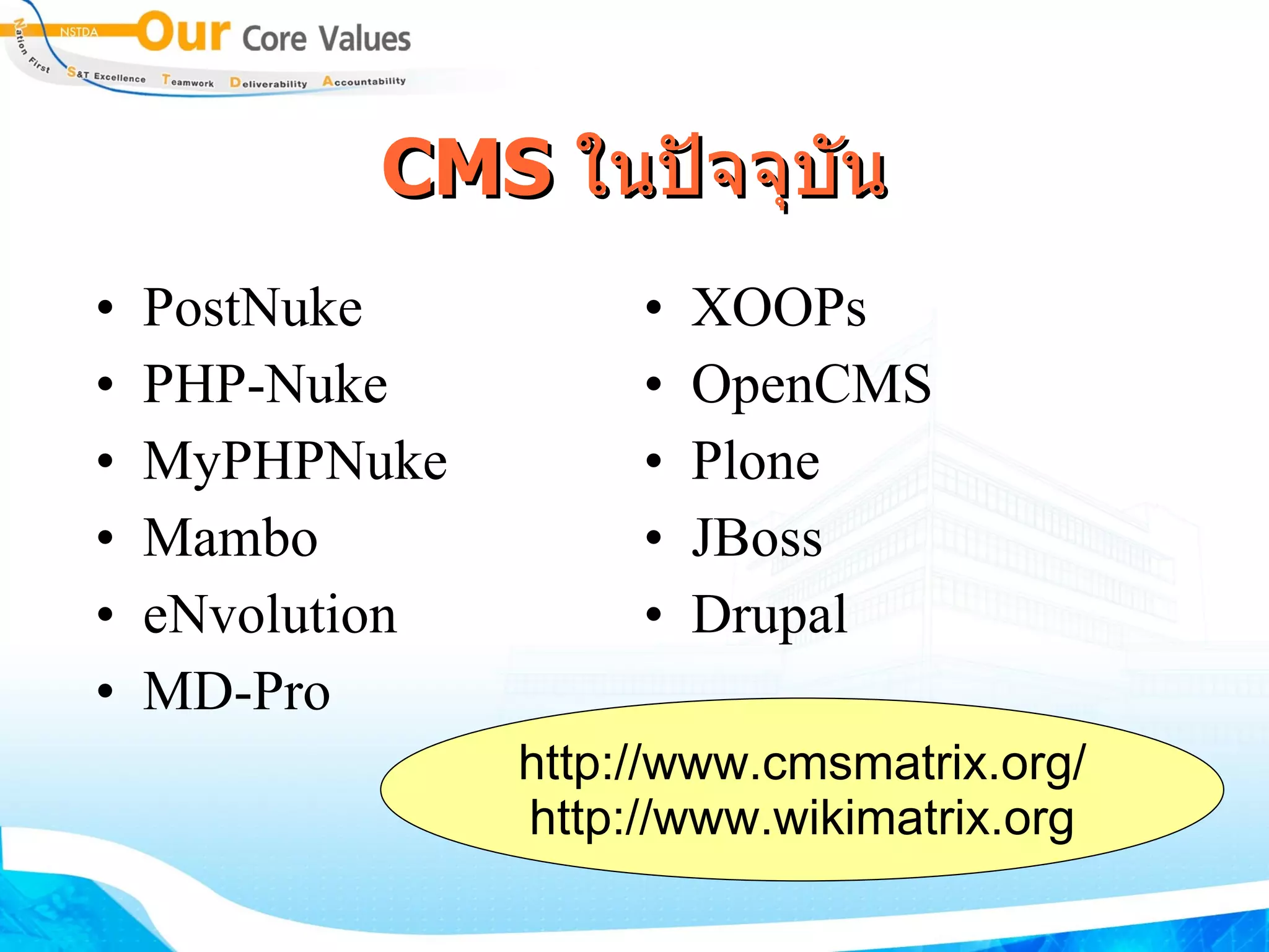 CMS  ในปัจจุบัน PostNuke PHP - Nuke MyPHPNuke Mambo eNvolution MD - Pro XOOPs OpenCMS Plone JBoss Drupal http :// www . cmsmatrix . org / http://www.wikimatrix.org 