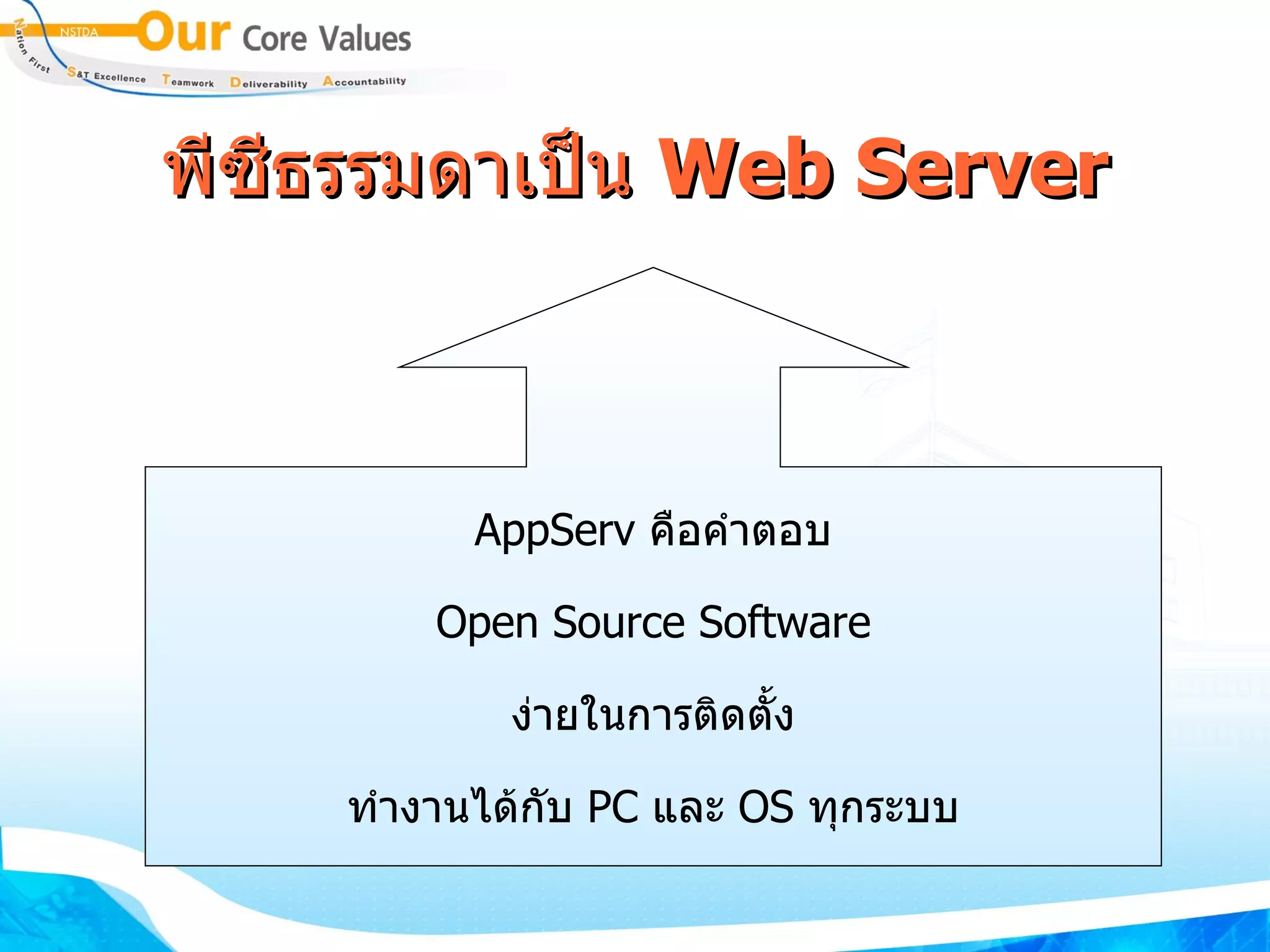 พีซีธรรมดาเป็น  Web Server AppServ  คือคำตอบ Open Source Software ง่ายในการติดตั้ง ทำงานได้กับ  PC  และ  OS  ทุกระบบ 