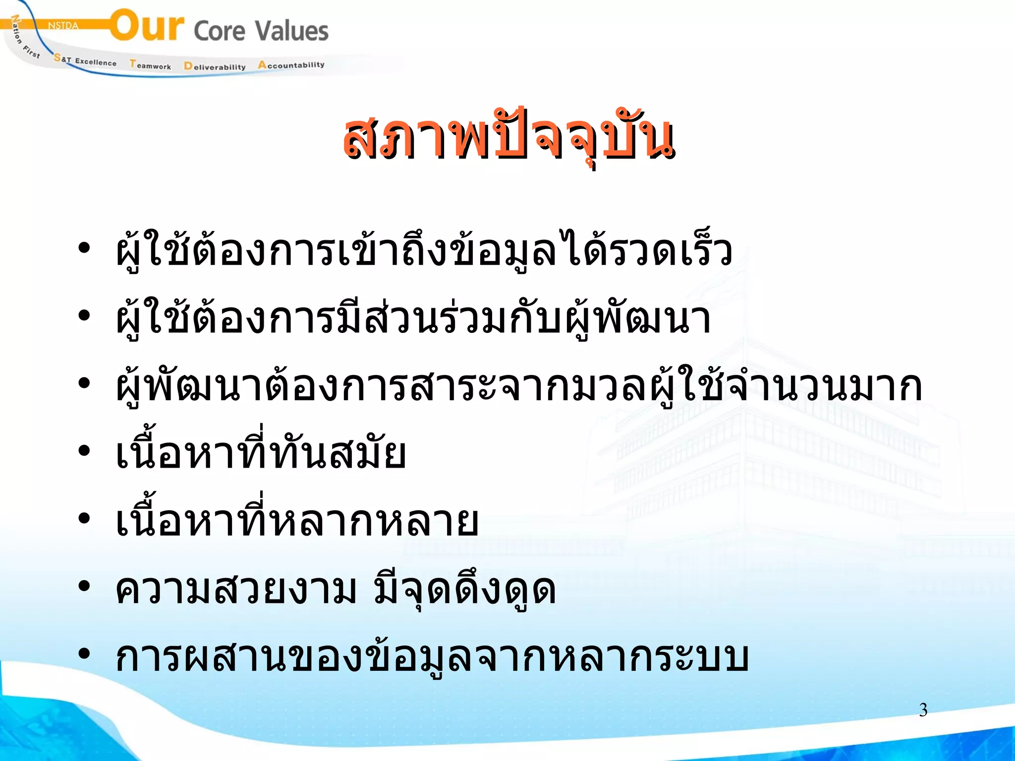 สภาพปัจจุบัน ผู้ใช้ต้องการเข้าถึงข้อมูลได้รวดเร็ว ผู้ใช้ต้องการมีส่วนร่วมกับผู้พัฒนา ผู้พัฒนาต้องการสาระจากมวลผู้ใช้จำนวนมาก เนื้อหาที่ทันสมัย เนื้อหาที่หลากหลาย ความสวยงาม มีจุดดึงดูด การผสานของข้อมูลจากหลากระบบ 
