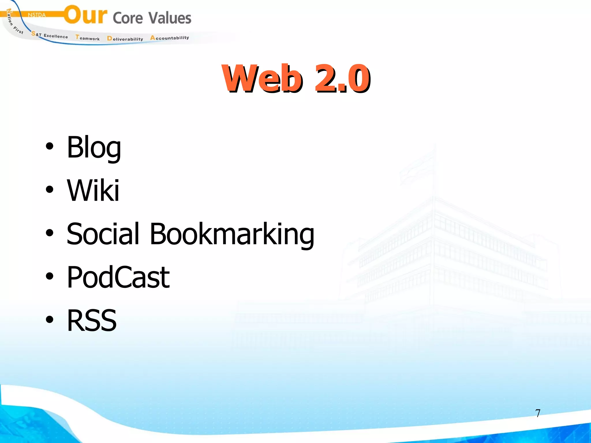 Web 2.0 Blog Wiki Social Bookmarking PodCast RSS 