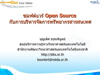 ซอฟต์แวร์  Open Source  กับการบริหารจัดการทรัพยากรสารสนเทศ ,[object Object],[object Object],[object Object],[object Object],[object Object]