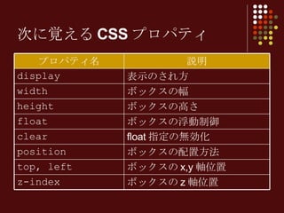 次に覚えるCSSプロパティ ボックスの z 軸位置 z-index ボックスの x,y 軸位置 top, left ボックスの配置方法 position float 指定の無効化 clear ボックスの浮動制御 float ボックスの高さ height ボックスの幅 width 表示のされ方 display 説明 プロパティ名 