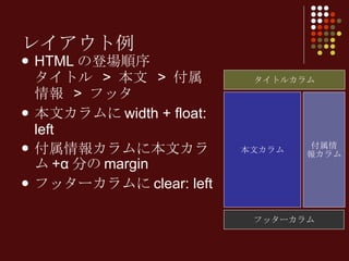 レイアウト例 HTMLの登場順序 タイトル > 本文 > 付属情報 > フッタ 本文カラムにwidth + float: left 付属情報カラムに本文カラム+α分のmargin フッターカラムにclear: left タイトルカラム 本文カラム 付属情 報カラム フッターカラム 