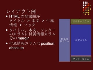 レイアウト例 HTMLの登場順序 タイトル > 本文 > 付属情報 > フッタ タイトル、本文、フッターのカラムに付属情報カラム分のmargin 付属情報カラムはposition: absolute タイトルカラム 本文カラム 付属情 報カラム フッターカラム 