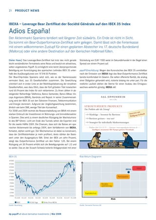 21 PRODUCT NEWS

IBEXA – Leverage Bear Zertiﬁkat der Société Générale auf den IBEX 35 Index

Adios España!
Der Aktienmarkt Spaniens tendiert seit längerer Zeit südwärts. Ein Ende ist nicht in Sicht.
Da kommt ein Bear-Outperformance-Zertiﬁkat sehr gelegen. Damit lässt sich die Ferienkasse
mit einem willkommenen Zustupf für einen geplanten Abstecher ins 17. deutsche Bundesland
(Mallorca) oder eine andere Destination auf der iberischen Halbinsel füllen.
Dieter Haas| Das Leverage-Bear-Zertiﬁkat hat trotz des nicht gerade
leicht verständlichen Termsheets seine Reize und besitzt ein attraktives,
selten angebotenes Payoff. Es ermöglicht eine leicht überproportionale
Beteiligung am Kursrückgang des spanischen Leitindex IBEX 35 unterhalb des Ausübungskurses von 15’318.50 Punkten.
Der Blue-Chip-Index Spaniens setzt sich, wie es der Namenszusatz
vermuten lässt, aus 35 Gesellschaften zusammen. Die Gewichtung
orientiert sich in erster Linie an der Marktkapitalisierung der einzelnen
Gesellschaften, was dazu führt, dass die fünf grössten Titel inzwischen
rund 65 Prozent des Index für sich reklamieren. Zu ihnen zählen in absteigender Reihenfolge Telefonica, Banco Santander, Banco Bilbao Vizcaya Argentaria (BBVA), Iberdrola und Repsol. In seiner Zusammensetzung wird der IBEX 35 von den Sektoren Finanzen, Telekommunikation
und Energie dominiert. Aufgrund der Ungleichgewichtung bestimmen,
ähnlich wie beim SMI, wenige Titel den Kursverlauf.
Für 2008 und 2009 rechnet die Researchabteilung von BBVA mit einem
starken Einbruch der Investitionen im Wohnungs- und Immobiliensektor
in Spanien. Dies wird zu einem deutlichen Rückgang der Wachstumsrate des BIP führen. Licht am Ende des Tunnels sehen die Experten erst
für die zweite Hälfte 2009. Die Chancen, dass sich die Baisse am spanischen Aktienmarkt bis anfangs 2009, dem Verfalltermin von IBEXA,
fortsetzt, stehen somit gut. Der Mechanismus ist dabei so konstruiert,
dass der Zertiﬁkatsinhaber je mehr proﬁtiert, desto stärker der Basiswert unter den Ausgangskurs fällt. Sinkt der IBEX um zehn Prozent,
steigt das Outperformance Zertiﬁkat um den Faktor 1,05. Bei einem
Rückgang um 30 Prozent erhöht sich die Beteiligungsrate auf 1,12 und
so weiter. Das an der Scoach Schweiz kotierte Anlageprodukt mit einer

Stückelung von EUR 1’000 weist im Sekundärhandel in der Regel einen
Spread von einem Prozent auf.

IBEX-35

Risk-Return-Diagramm

payoff-Einschätzung: Wegen des Kursrutsches des IBEX 35 unmittelbar
nach der Emission von IBEXA liegt das Bear-Outperformance Zertiﬁkat
bereits komfortabel im Gewinn. Die selten offerierte Rarität, die analog
einer Obligation gehandelt wird, notierte bislang nie unter pari. Für die
restliche Laufzeit stehen die Sterne für einen Ausbau des Ertragszuwachses weiterhin günstig. IBEXA olé!

STRUKTURIERTE PRODUKTE
Das Problem oder die Lösung?
w mit
Intervie
ardt
ng Gerh
Wolfga

–> Marktlage – Stresstest für Barrieren
–> Barrieren gerissen – was tun?
–> Strategien für individuelle Markterwartungen

--- Telefon: 044 214 23 55 --- Internet: www.oppenheim-derivate.ch --Intelligent investieren! Mit Europas grösster Privatbank.

16’000
15’000
14’000

IBEXA

13’000

Return

12’000
11’000
10’000

Partizipation

9’000

Renditeoptimierung

8’000
7’000
6’000
5’000

Kapitalschutz
10.3.00 10.3.01 10.3.02

IBEX

10.3.03

Ø-200-Tage

10.3.04 10.3.05

10.3.06

10.3.07 10.3.08

Risk

Strike Price-IBEXA

Quelle: Bloomberg

dp payoff all about derivative investments | Mai 2008

Quelle: Derivative Partners AG

Hebel

 