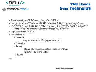 TAG clouds  from  Technorati <?xml version="1.0" encoding="utf-8"?>  <!-- generator="Technorati API version 1.0 /blogposttags" --> <!DOCTYPE tapi PUBLIC "-//Technorati, Inc.//DTD TAPI 0.02//EN" "http://api.technorati.com/dtd/tapi-002.xml">  <tapi version="1.0">  <document>  <result>  <querycount>13</querycount>  </result>  <item>  <tag>christmas cookie recipes</tag>  <posts>274</posts>  </item>  … . 