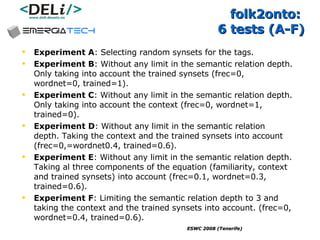 folk2onto:  6 tests (A-F) Experiment A : Selecting random synsets for the tags. Experiment B : Without any limit in the semantic relation depth. Only taking into account the trained synsets (frec=0, wordnet=0, trained=1). Experiment C : Without any limit in the semantic relation depth. Only taking into account the context (frec=0, wordnet=1, trained=0). Experiment D : Without any limit in the semantic relation depth. Taking the context and the trained synsets into account (frec=0,=wordnet0.4, trained=0.6). Experiment E : Without any limit in the semantic relation depth. Taking al three components of the equation (familiarity, context and trained synsets) into account (frec=0.1, wordnet=0.3, trained=0.6). Experiment F : Limiting the semantic relation depth to 3 and taking the context and the trained synsets into account. (frec=0, wordnet=0.4, trained=0.6). 