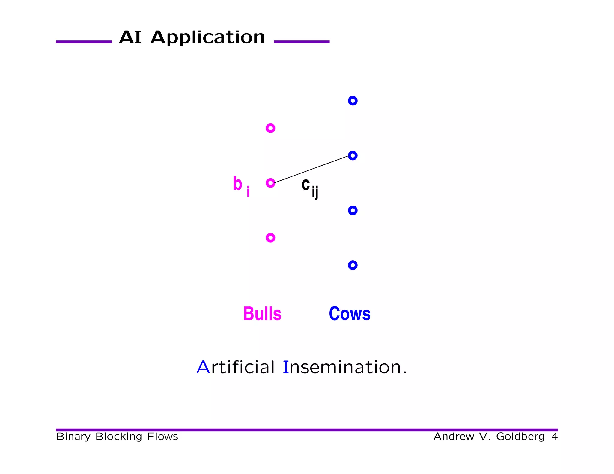 AI Application




                            bi       c ij




                             Bulls          Cows

                        Artiﬁcial Insemination.


Binary Blocking Flows                              Andrew V. Goldberg 4
 