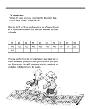 Para aprender a:
 Contar, en orden creciente y decreciente, de diez en diez,
 a partir de un número múltiplo de diez.


Al contar de 10 en 10, se puede ayudar a los niños escribiendo
en el pizarrón los números que ellos van diciendo, en forma
ordenada.




   10        20     30       40      50       60       70        80    90    100

   110       120    130      140     150      160      170       180   190   200
   210   I   ...



Una vez que los niños se hayan percatado que todos los nú-
meros de la serie que están construyendo terminan en 0, pue-
den destacar con color el 0 que aparece en la posición de las
unidades, en todos números del cuadro.
 