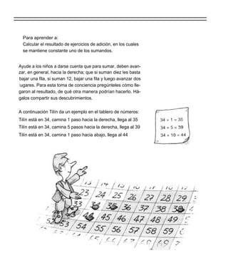 Para aprender a:
  Calcular el resultado de ejercicios de adición, en los cuales
  se mantiene constante uno de los sumandos.


Ayude a los niños a darse cuenta que para sumar, deben avan-
zar, en general, hacia la derecha; que si suman diez les basta
bajar una fila, si suman 12, bajar una fila y luego avanzar dos
l ugares. Para esta toma de conciencia pregúnteles cómo lle-
garon al resultado, de qué otra manera podrían hacerlo. Há-
galos compartir sus descubrimientos.


A continuación Tilín da un ejemplo en el tablero de números:
Tilín está en 34, camina 1 paso hacia la derecha, llega al 35
Tilín está en 34, camina 5 pasos hacia la derecha, llega al 39
Tilín está en 34, camina 1 paso hacia abajo, llega al 44
 