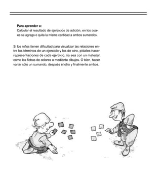 Para aprender a:
  Calcular el resultado de ejercicios de adición, en los cua-
  les se agrega o quita la misma cantidad a ambos sumandos.


Si los niños tienen dificultad para visualizar las relaciones en-
tre los términos de un ejercicio y los de otro, pídales hacer
representaciones de cada ejercicio, ya sea con un material
como las fichas de colores o mediante dibujos. O bien, hacer
variar sólo un sumando, después el otro y finalmente ambos.
 
