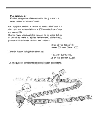Para aprender a:
  Establecer equivalencia entre sumar diez y sumar dos
  veces cinco a un mismo número.

Para apoyar el proceso de cálculo, los niños pueden tener a la
vista una cinta numerada hasta el 100 o una tabla de núme-
ros hasta el 100.
Cuando hayan relacionado los números de las series de 5 en
5, con las de 10 en 10, a partir de un número determinado,
pueden hacer ejercicios similares con series de:

                                                 50 en 50 y de 100 en 100,
                                                 500 en 500 y de 1000 en 1000

También pueden trabajar con series de:
                                                 15en15yde30en30,
                                                 25 en 25 y de 50 en 50, etc.

Un niño puede ir controlando los resultados con calculadora.
 