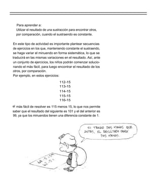 Para aprender a:
  Utilizar el resultado de una sustracción para encontrar otros,
  por comparación, cuando el sustraendo es constante.

En este tipo de actividad es importante plantear secuencias
de ejercicios en los que, manteniendo constante el sustraendo,
se haga variar el minuendo en forma sistemática, lo que se
traducirá en las mismas variaciones en el resultado. Así, ante
un conjunto de ejercicios, los niños podrán comenzar solucio-
nando el más fácil, para luego encontrar el resultado de los
otros, por comparación.
Por ejemplo, en estos ejercicios:

                                   112-15
                                   113-15
                                   114-15
                                   115-15
                                   116-15
el más fácil de resolver es 115 menos 15, lo que nos permite
saber que el resultado del siguiente es 101 y el del anterior es
99, ya que los minuendos tienen una diferencia constante de 1.
 
