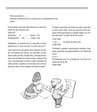 Para aprender a:
  Calcular productos de un número por 8, duplicándolo tres
  veces.


El propósito de esta ejercitación es que los        El doble, del doble del doble de siete, equivale
niños se den cuenta que:                            a ocho veces siete. Una vez que los niños ma-
3x2=6                                               nejan esta equivalencia, pueden llegar a la "ta-
3x2x2=       12       ....... 3x4= 12               bla del ocho" a partir de la del cuatro:
3x2x2x2=          24 ....... 3x8= 24
                                                    7x4=28
                                                    7 x 8 = .....   El doble de 28 es 56.
Multiplicar un número por 8, equivale a multi-
                                                    7x8=56
plicarlo por 2, otra vez por 2 y otra vez por 2.
                                                    También, pueden usarla para calcular cual-
Una manera de visualizar esta relación es ele-
                                                    quier producto correspondiente a la "tabla del
gir una tarjeta par-impar, por ejemplo, la que
                                                    ocho":
tiene siete puntos. Duplicarla, corresponde a
                                                    6 x 8 = .....
tener dos tarjetas de siete puntos; duplicar otra
                                                    El doble de 6 es 12, el doble de 12 es 24 y el
vez, corresponde a tener cuatro tarjetas de
                                                    doble de 24 es 48.
siete puntos; duplicar una tercera vez corres-
                                                    6x8=48
ponde a tener ocho tarjetas de siete puntos.
 