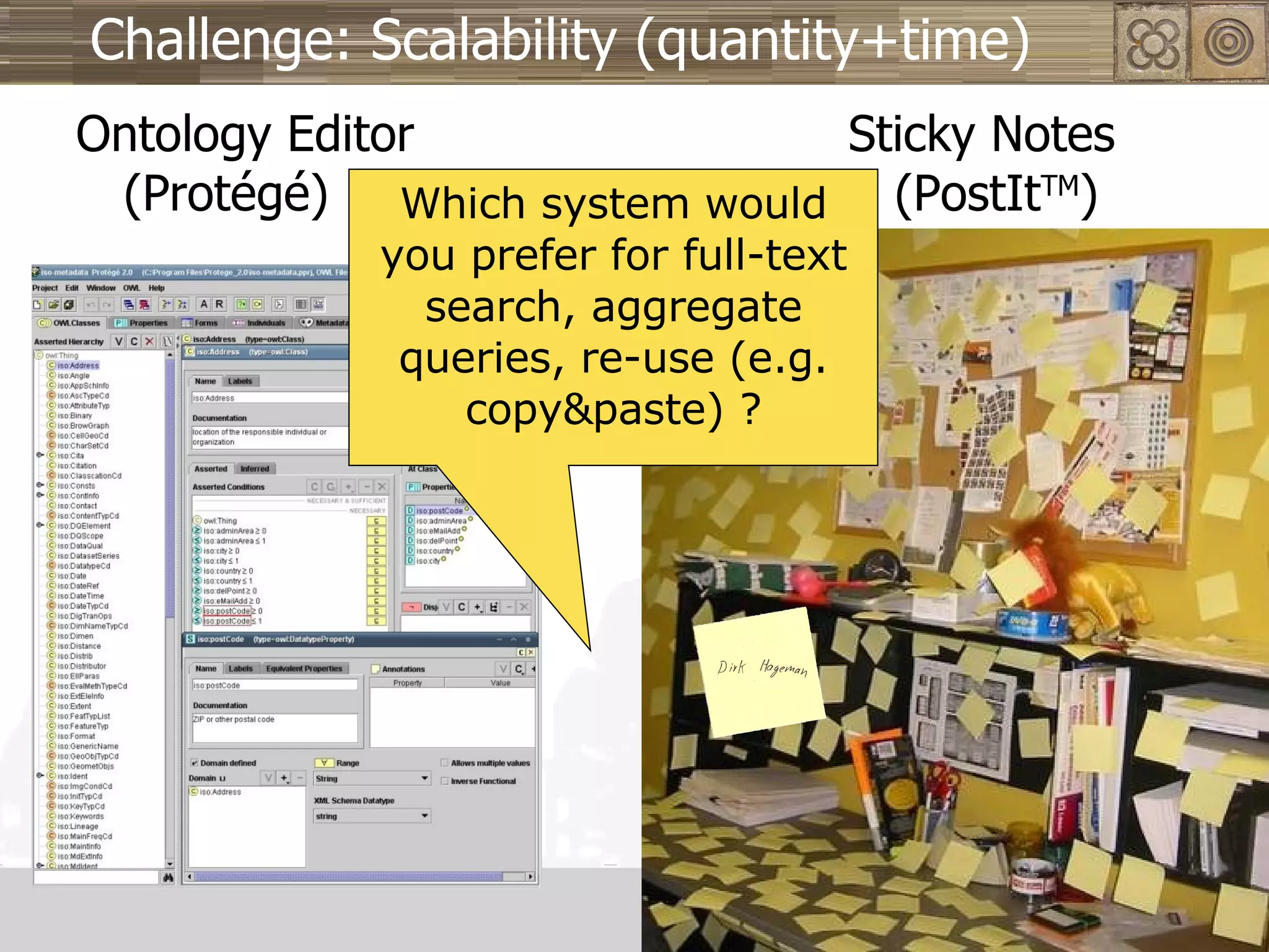 Challenge: Scalability (quantity+time) Ontology Editor Sticky Notes (Protégé)   (PostIt TM ) Which system would you prefer for full-text search, aggregate queries, re-use (e.g. copy&paste) ? 