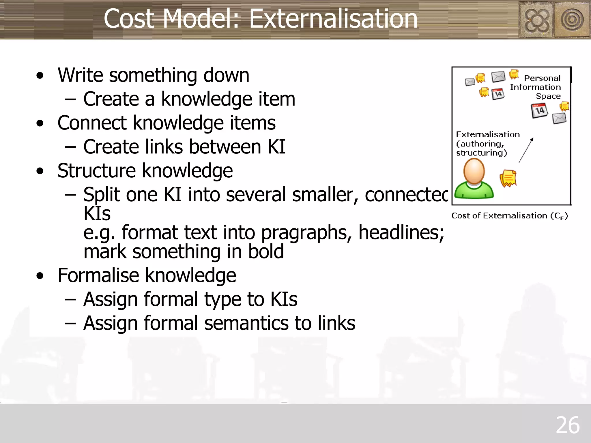 Cost Model: Externalisation Write something down Create a knowledge item Connect knowledge items Create links between KI Structure knowledge Split one KI into several smaller, connected KIs e.g. format text into pragraphs, headlines; mark something in bold Formalise knowledge Assign formal type to KIs  Assign formal semantics to links 
