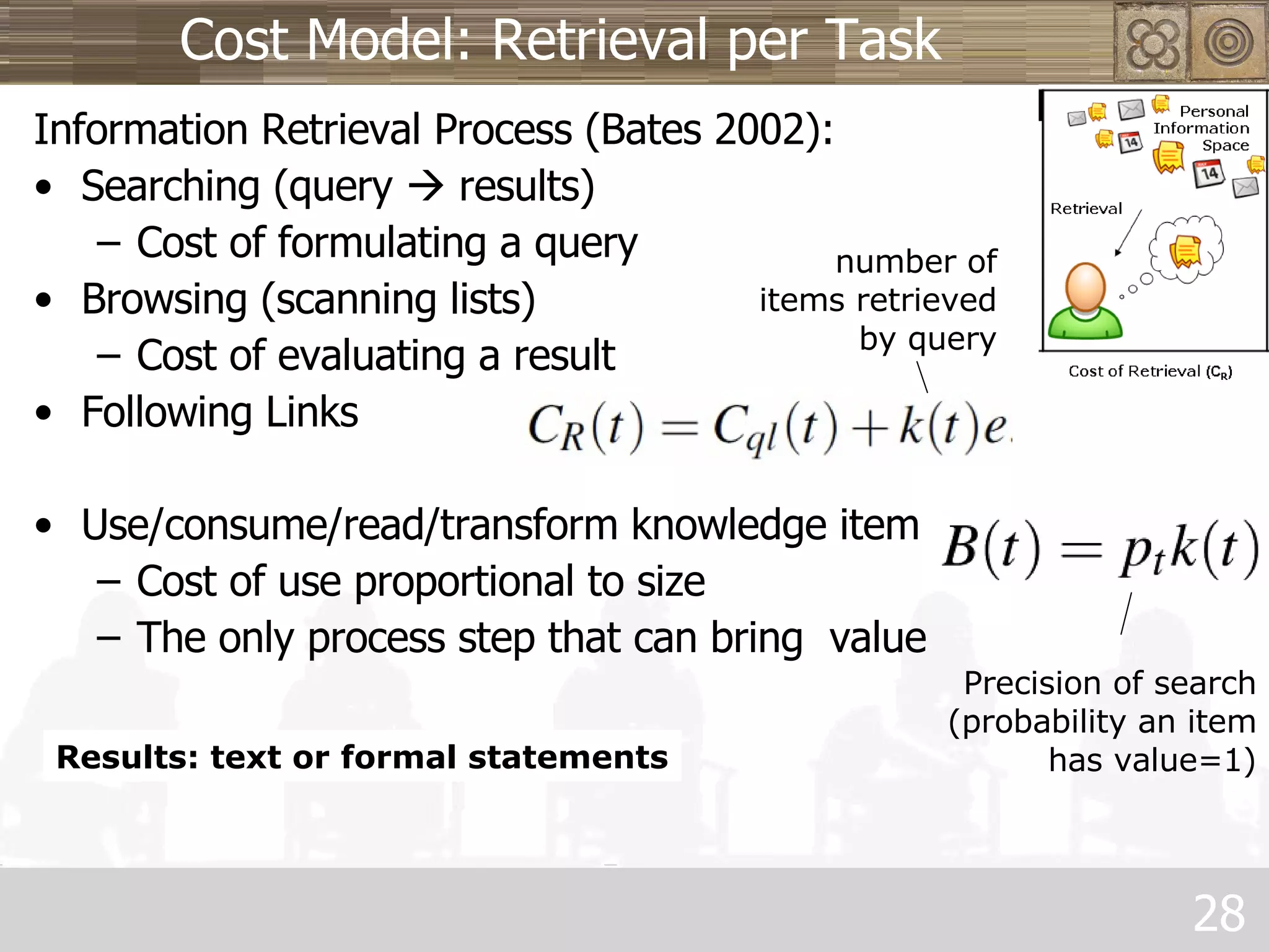 Cost Model: Retrieval per Task Information Retrieval Process (Bates 2002): Searching (query    results) Cost of formulating a query Browsing (scanning lists) Cost of evaluating a result  Following Links Use/consume/read/transform knowledge item Cost of use proportional to size The only process step that can bring  value number of items retrieved by query Precision of search (probability an item has value=1) Results: text or formal statements 
