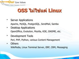 OSS  ไม่ใช่แค่   Linux Server Applications   Apache, MySQL, PostgreSQL, SendMail, Samba Desktop Applications  OpenOffice, Evolution, Mozilla, KDE, GNOME, etc. Development Tools   Perl, PHP, Python, various Content Management Others WikiPedia, Linux Terminal Server, ERP, CRM, Messaging   
