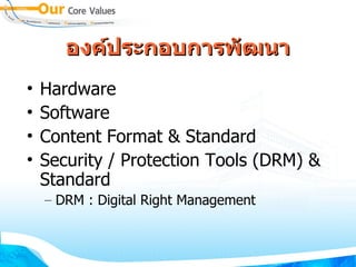 องค์ประกอบ การพัฒนา Hardware Software Content Format & Standard Security / Protection Tools (DRM) & Standard DRM : Digital Right Management 