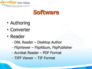 Software Authoring Converter Reader DNL Reader – Desktop Author FlipViewer – FlipAlbum, FlipPublisher Acrobat Reader – PDF Format TIFF Viewer – TIF Format 