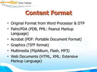 Content   Format Original Format from Word Processor & DTP Palm/PDA (PDB, PML: Peanut Markup Language) Acrobat (PDF: Portable Document Format) Graphics (TIFF format) Multimedia (FlipAlbum, Flash, MP3) Web Documents (HTML, XML: Extensive Markup Language) 