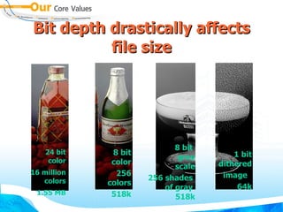 Bit depth drastically affects file size 24 bit color 16 million colors 1.55 MB 8 bit color 256 colors 518k 8 bit  gray scale 256 shades  of gray  518k 1 bit dithered  image  64k 