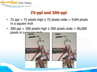 72-ppi and 300-ppi 72 ppi = 72 pixels high x 72 pixels wide = 5184 pixels in a square inch 300 ppi = 300 pixels high x 300 pixels wide = 90,000 pixels in a square inch 