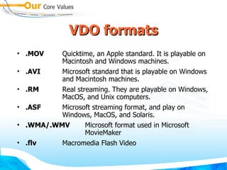 VDO formats .MOV   Quicktime, an Apple standard. It is playable on  Macintosh and Windows machines.  .AVI   Microsoft standard that is playable on Windows  and Macintosh machines. .RM   Real streaming. They are playable on Windows,  MacOS, and Unix computers. .ASF   Microsoft streaming format, and play on  Windows, MacOS, and Solaris. .WMA/.WMV  Microsoft format used in Microsoft  MovieMaker .flv   Macromedia Flash Video 