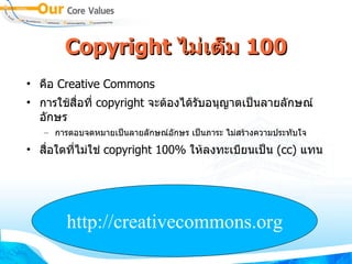 Copyright  ไม่เต็ม   100 คือ  Creative Commons การใช้สื่อที่   copyright  จะต้องได้รับอนุญาตเป็นลายลักษณ์อักษร การตอบจดหมายเป็นลายลักษณ์อักษร เป็นภาระ ไม่สร้างความประทับใจ สื่อใดที่ไม่ใช่  copyright 100%  ให้ลงทะเบียนเป็น  (cc)  แทน http://creativecommons.org 