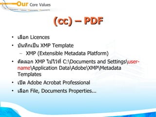 (cc) – PD F เลือก  Licences บันทึกเป็น  XMP Template XMP (Extensible Metadata Platform) ‏ คัดลอก  XMP  ไปไว้ที่  C:\Documents and Settings\ user-name \Application Data\Adobe\XMP\Metadata Templates เปิด  Adobe Acrobat Professional เลือก  File, Documents Properties... 