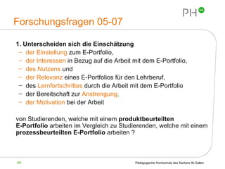 Forschungsfragen 05-07 1. Unterscheiden sich die Einschätzung  der Einstellung  zum E-Portfolio, der Interessen  in Bezug auf die Arbeit mit dem E-Portfolio, des Nutzens  und der Relevanz  eines E-Portfolios für den Lehrberuf, des  Lernfortschrittes  durch die Arbeit mit dem E-Portfolio der Bereitschaft zur  Anstrengung ,  der Motivation   bei der Arbeit von Studierenden, welche mit einem  produktbeurteilten  E-Portfolio  arbeiten im Vergleich zu Studierenden, welche mit einem  prozessbeurteilten E-Portfolio  arbeiten ? 
