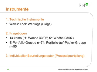 Instrumente 1. Technische Instrumente  Web.2 Tool: Weblogs (Blogs) 2. Fragebogen 14 items (t1: Woche 43/06; t2: Woche 03/07) E-Portfolio Gruppe n=74; Portfolio-auf-Papier-Gruppe  n=55 3. Individueller Beurteilungsraster (Prozessbeurteilung) 