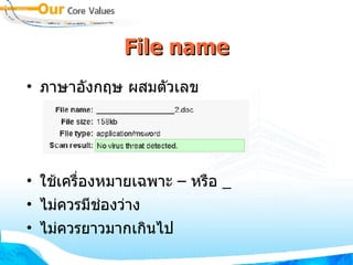 File name ภาษาอังกฤษ ผสมตัวเลข ใช้เครื่องหมายเฉพาะ  –  หรือ  _ ไม่ควรมีช่องว่าง ไม่ควรยาวมากเกินไป 